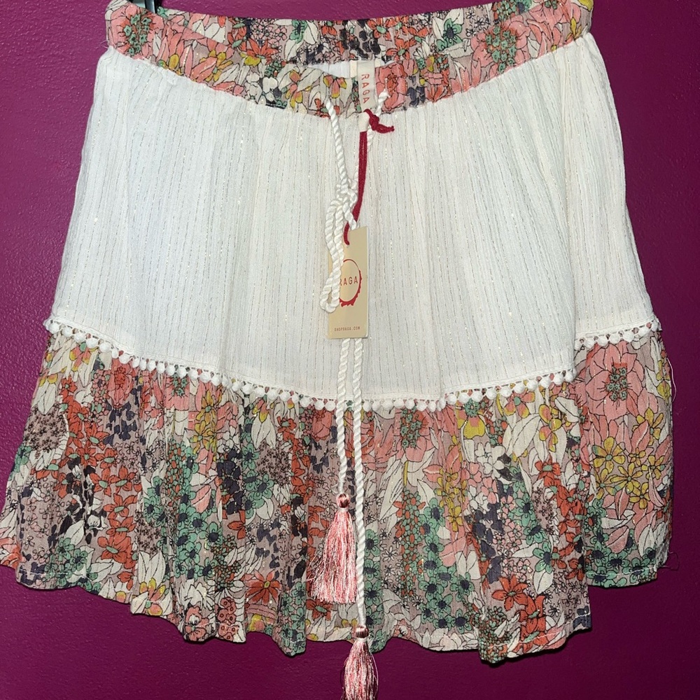 RAGA NWT Mini skirt with tassels dbl layered cream gold strands boho Size M